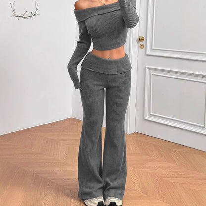 Gray Lounge Set - Off-Shoulder Top & Flared Pants
