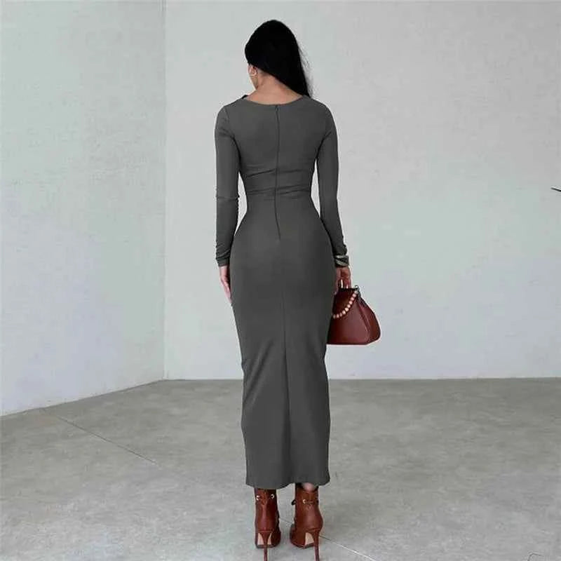 Pleated Maxi Dress - Bodycon Fitted Long Sleeve Elegant