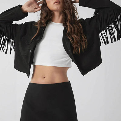 Black Fringe Jacket - Long Sleeve Elegant Coat