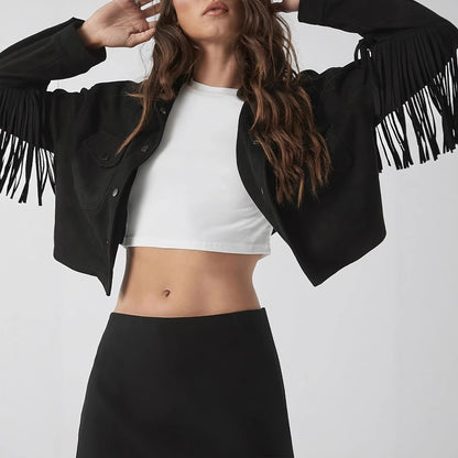 Women's Black Long Sleeve Fringe Jacket - Casual Elegant Coat
