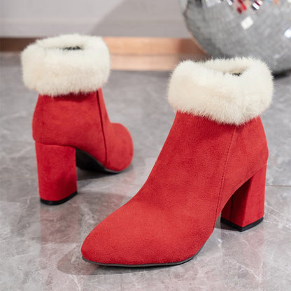 Plaid Ankle Boots - Furry Lined Square Heel Winter Boots