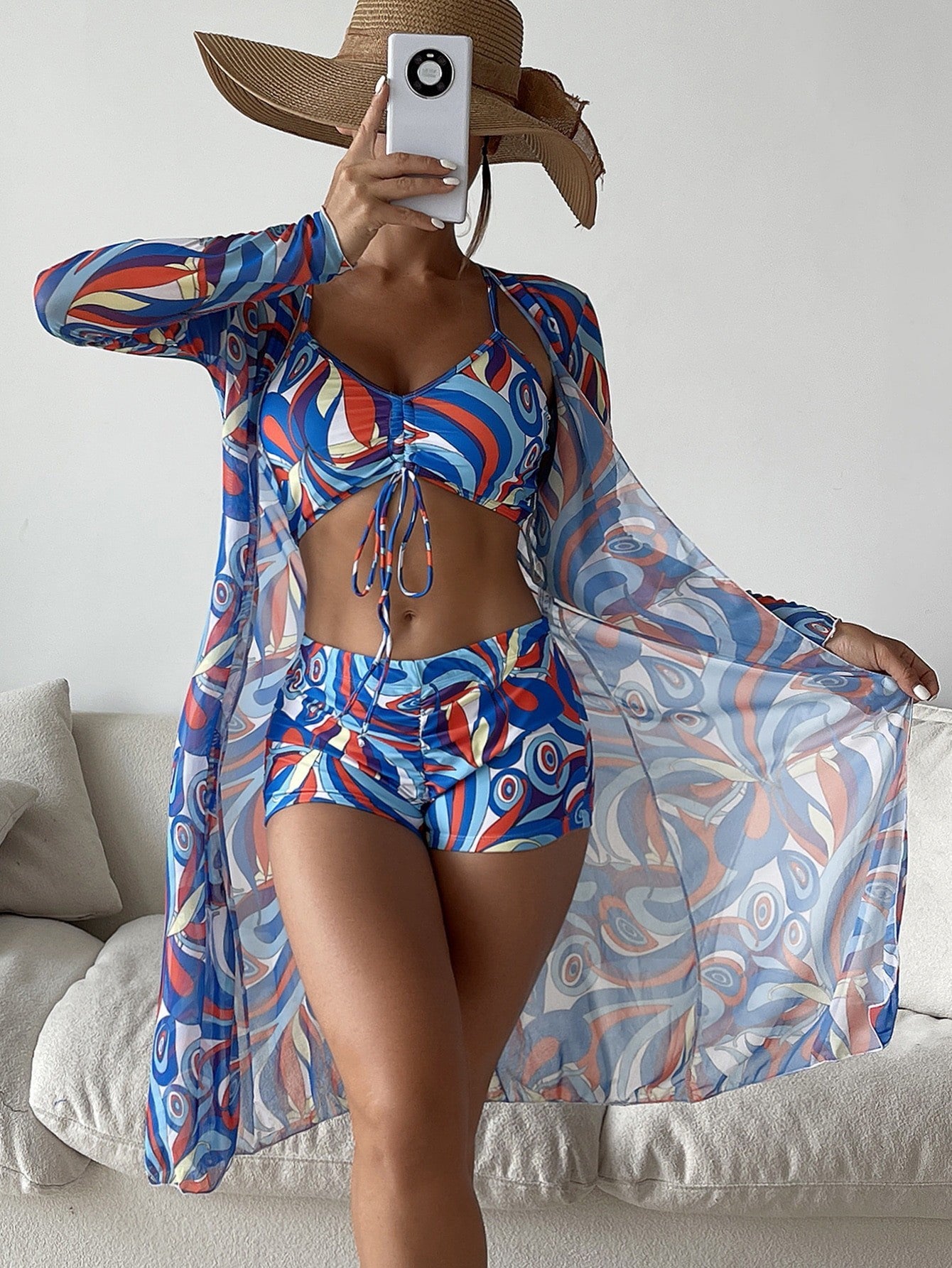 Tropical Paradise Set - 3-Piece Bikini with Cardigan