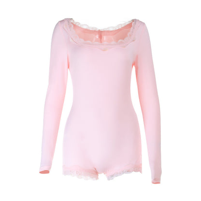 Lace Trim Romper - Long Sleeve Casual Shorts Style