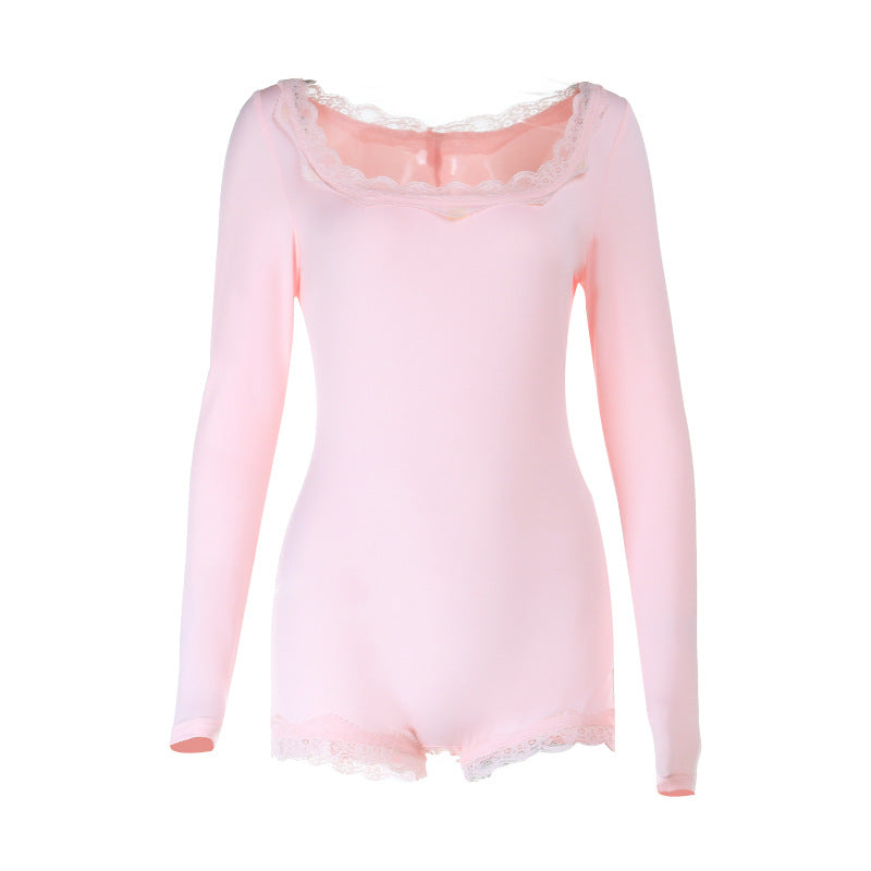 Lace Trim Romper - Long Sleeve Casual Shorts Style