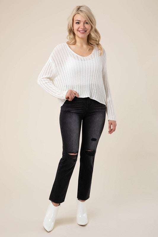 Ivory Variegated Ribbed V-Neck Sweater