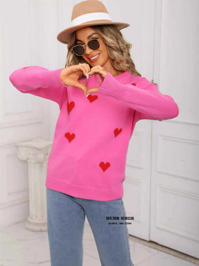 Valentine's Day Heart Print Round Neck Sweater - Fashions Envy