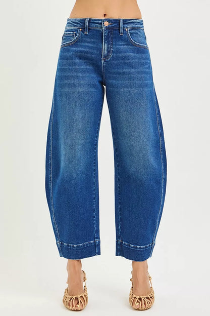 RISEN Mid Rise Crop Barrel Jeans - Fashions Envy