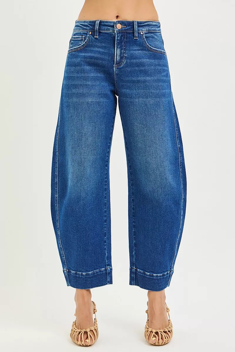 RISEN Mid Rise Crop Barrel Jeans - Fashions Envy