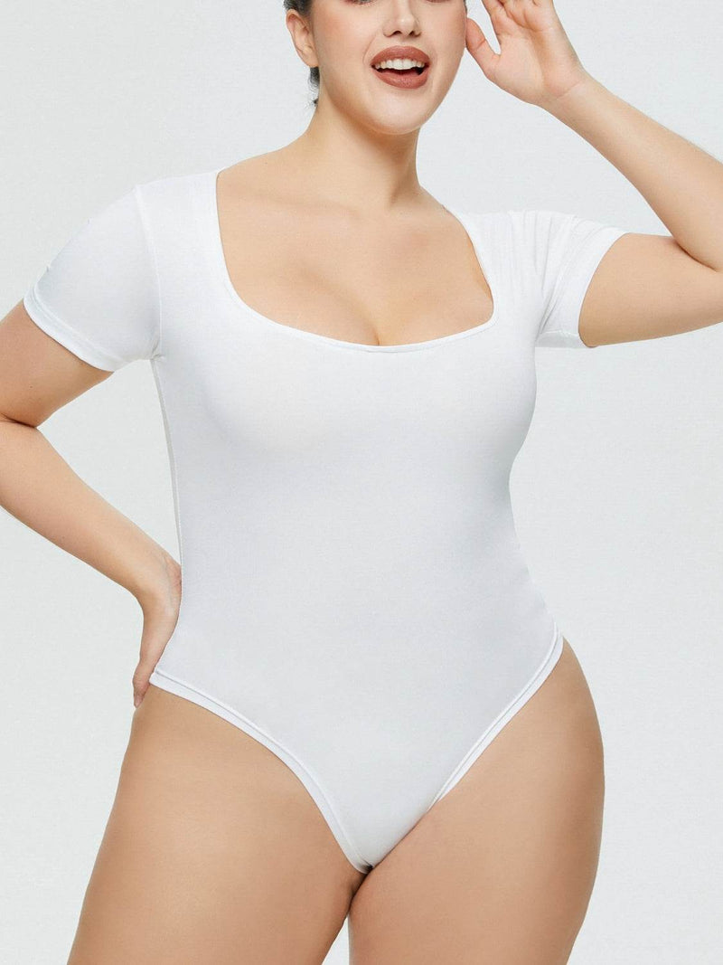 Full Size Square Neck Short Sleeve Bodysuit - Fashions Envy