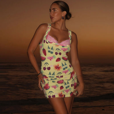 Lace Spliced V-Neck Mini Dress - Milk Silk Pullover