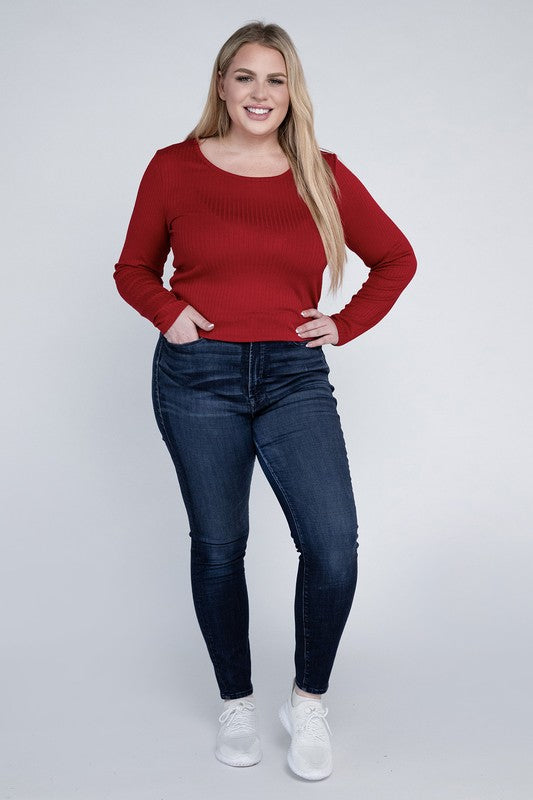 Plus Classic Ribbed Round Neck Long Sleeve Top