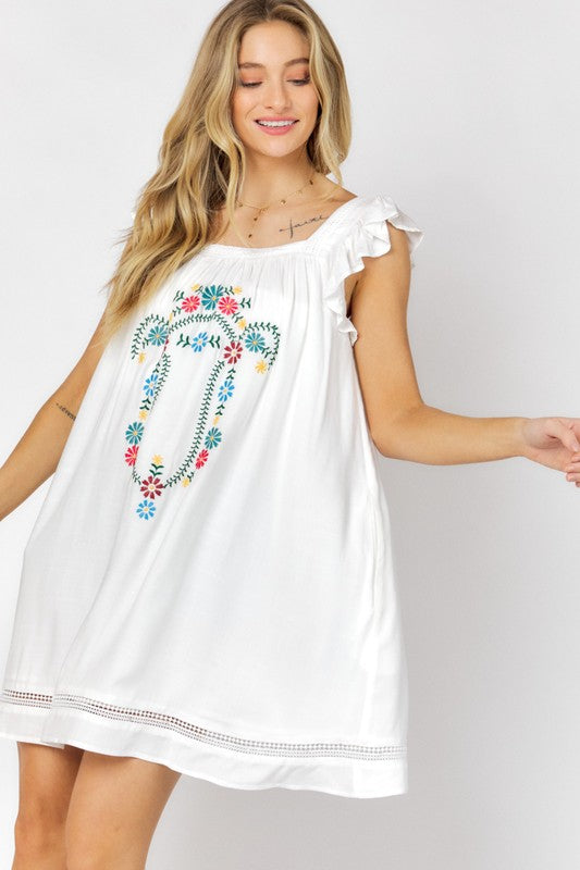 Loose Fit Embroidered Square Neck Mini Dress