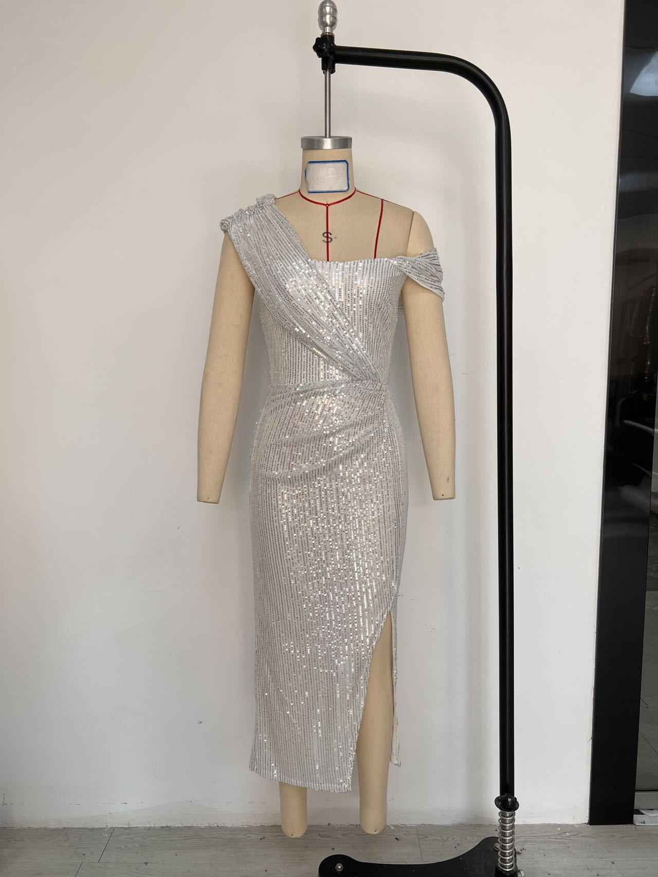 Sequin Midi Dress - White Short Sleeve Round Neck Party