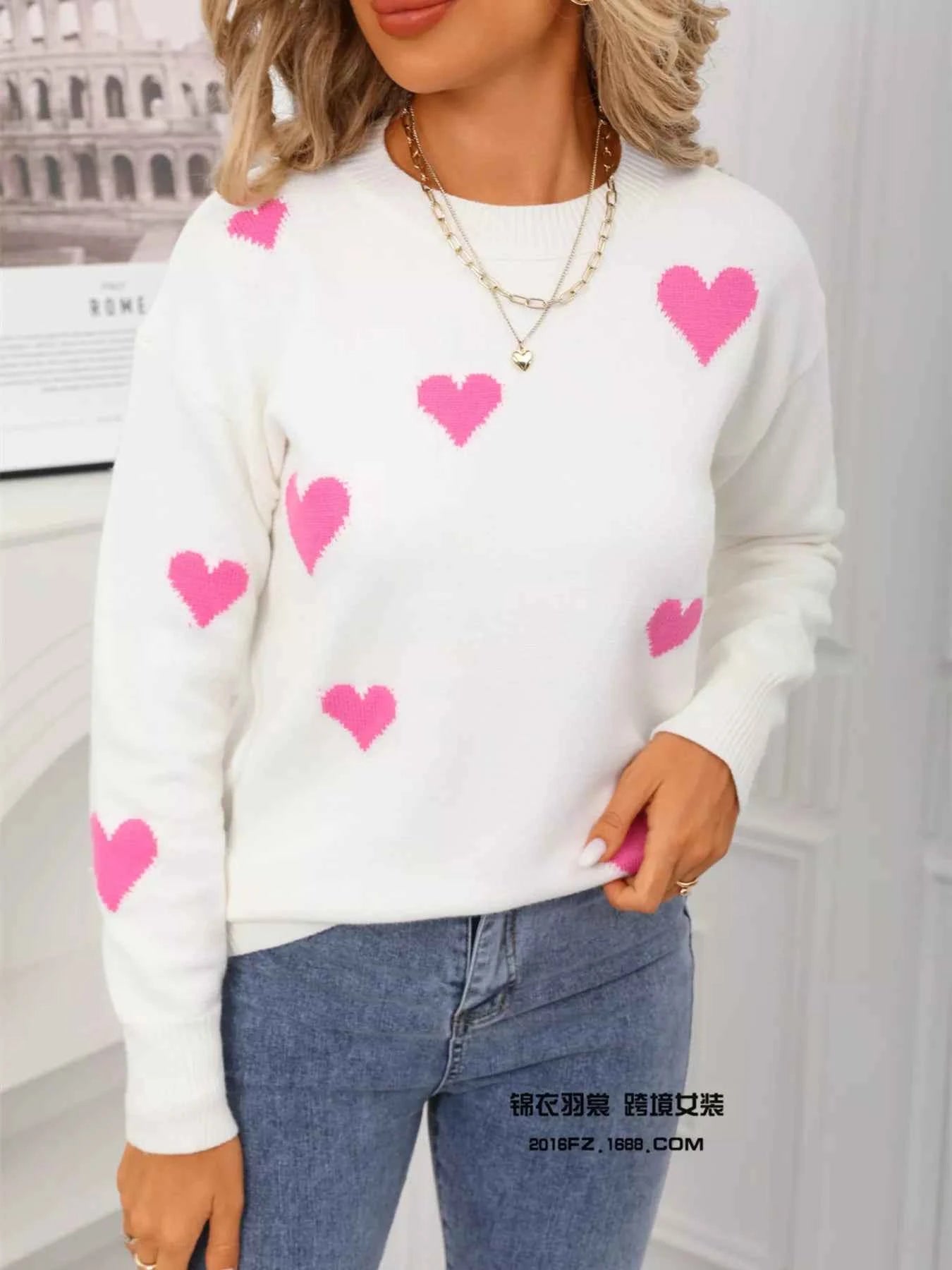 Valentine's Day Heart Print Round Neck Sweater - Fashions Envy