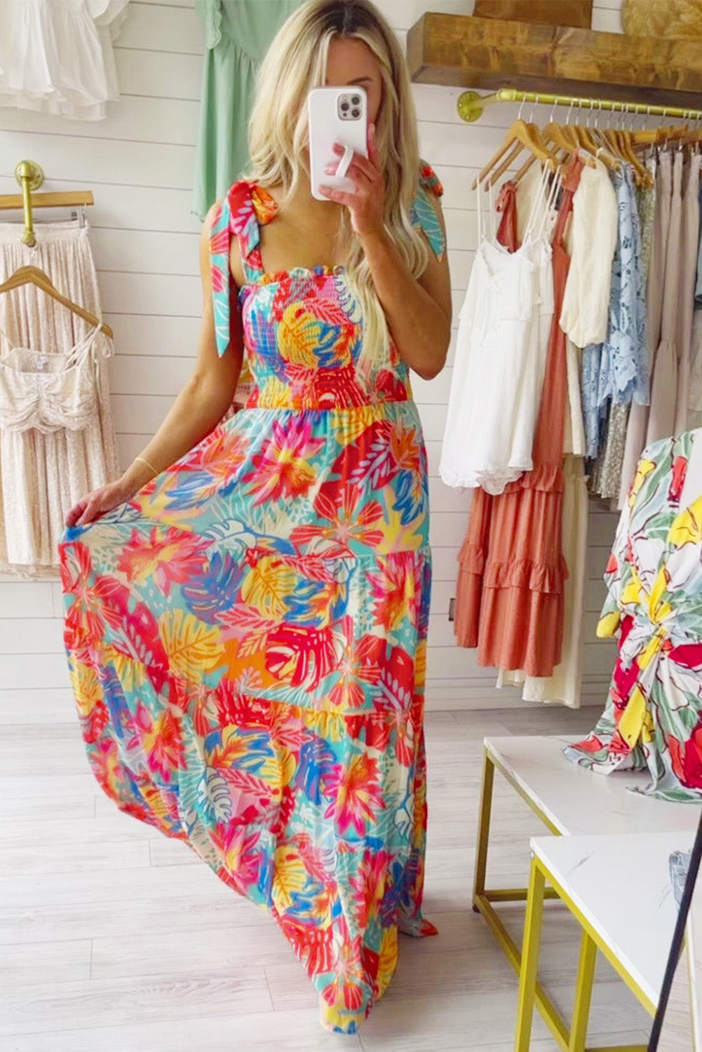 Smocked Ruffle Tiered Maxi Dress - Vibrant Tropical Print