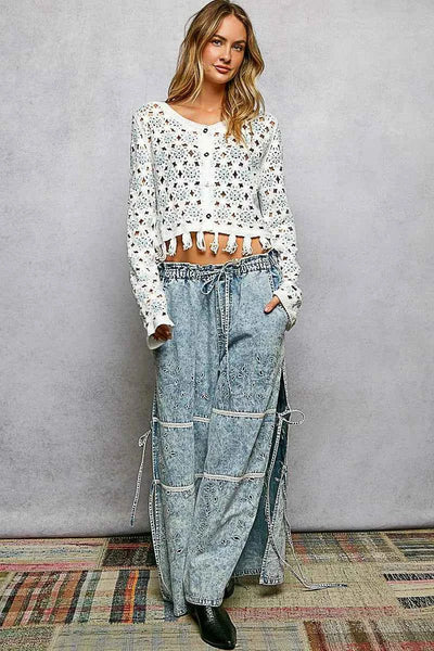 POL Openwork Floral Crochet Cardigan with Tassel Hem