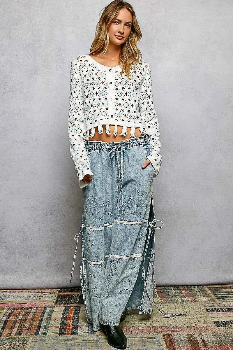 POL Openwork Floral Crochet Cardigan with Tassel Hem