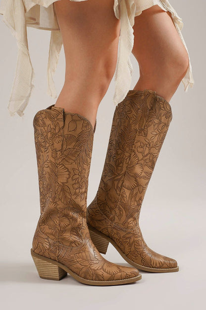 Dark Taupe Embossed Floral Point Toe Block Heel Boots