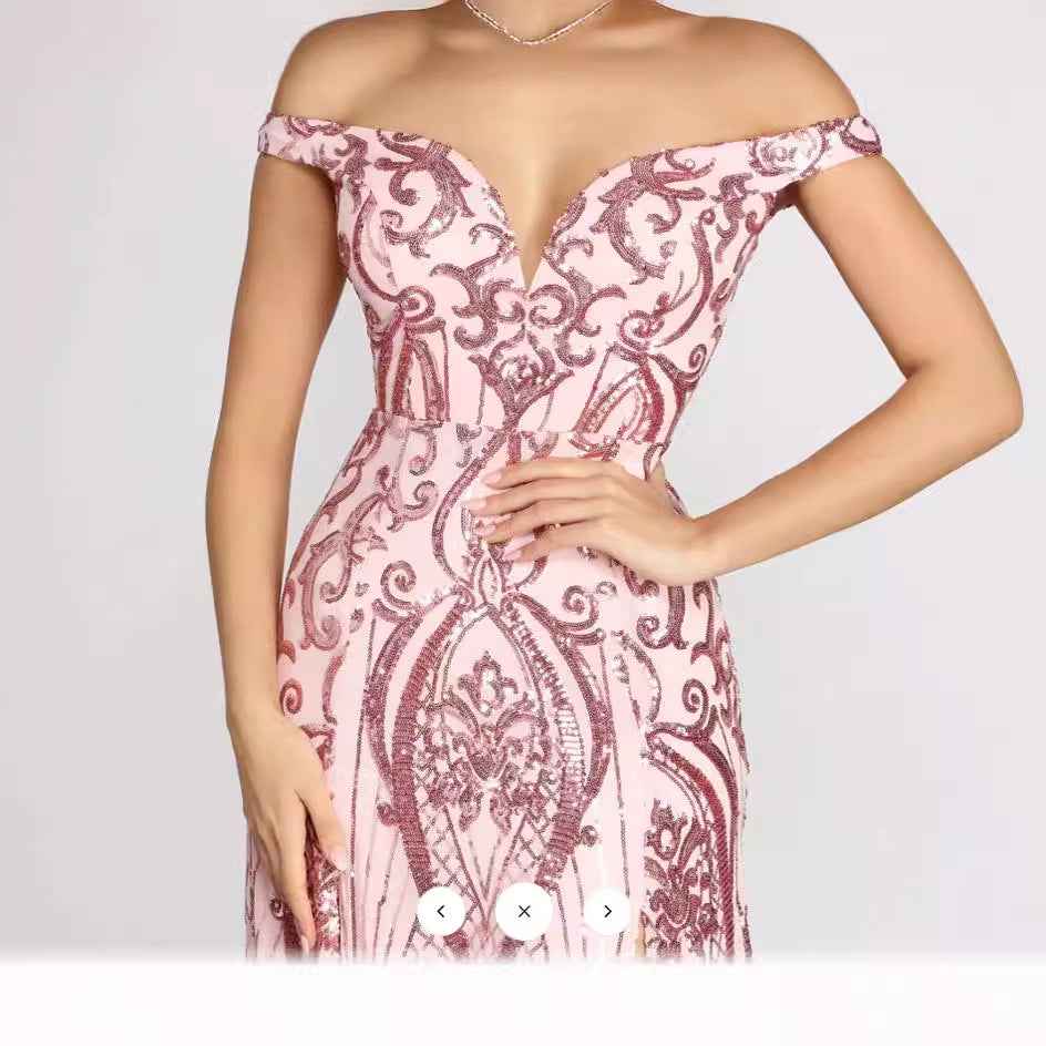 Pink Sequin Maxi Dress - Deep V-Neck Floor Length Gown