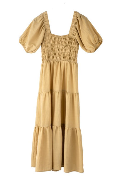 Tiered Midi Dress with Puff Sleeves