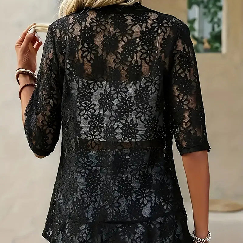 Women's Floral Lace 3/4 Sleeve Bolero Shrug - Sheer Open Front Cardigan