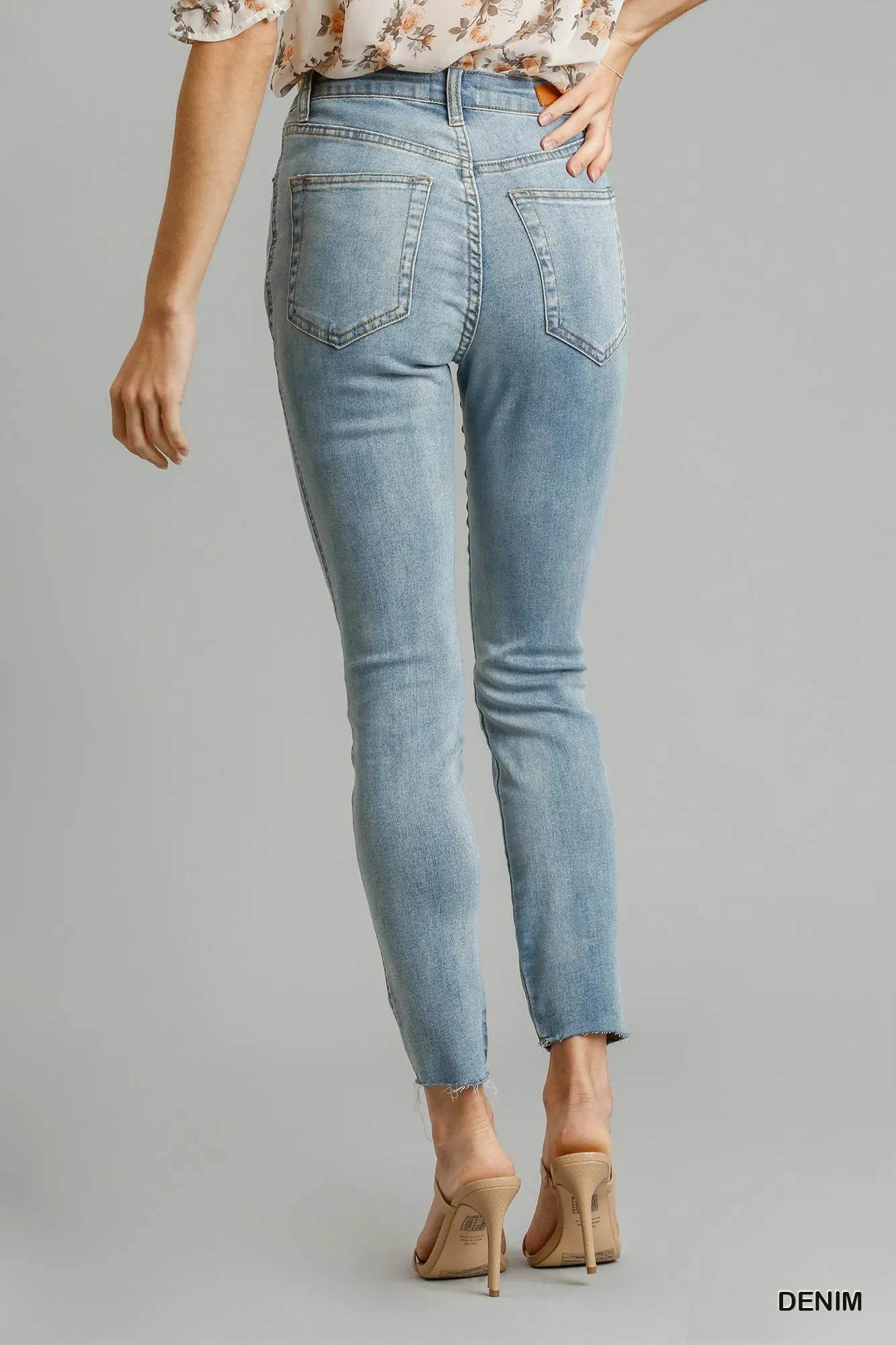 Umgee 5-Pockets Distressed Detail Stretch Denim Skinny Jeans with Unfinished Hem - Fashions Envy