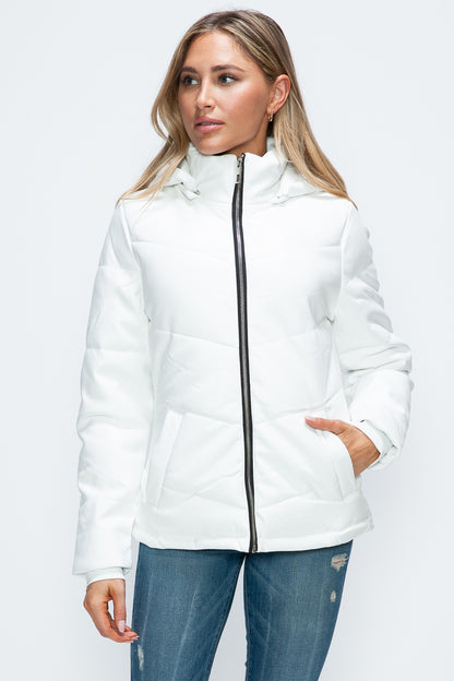 White Pocketed Zip Up Puffer Jacket with Removable Hood