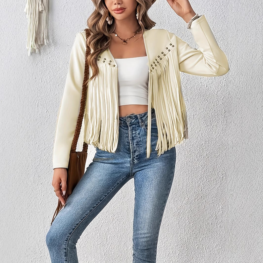 Elegant Solid Color Tassel Trimmed Front Open Jacket