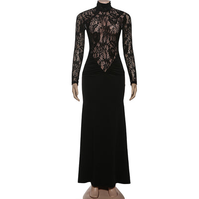 High Neck Lace Maxi Dress - Long Sleeve Black - Fashions Envy