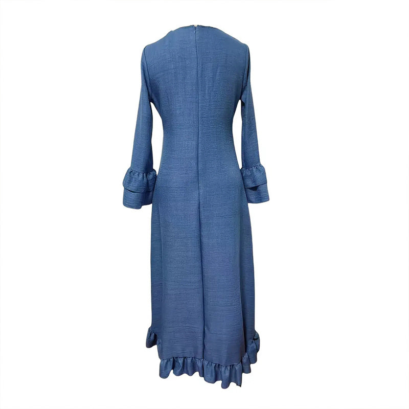 Women's Deep V-Neck Long Sleeve Dress - Ruffled Hem Asymmetrical Vacation Dress