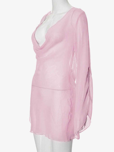 Purple Powder Sheer Mini Dress - Plunge Backless Chiffon