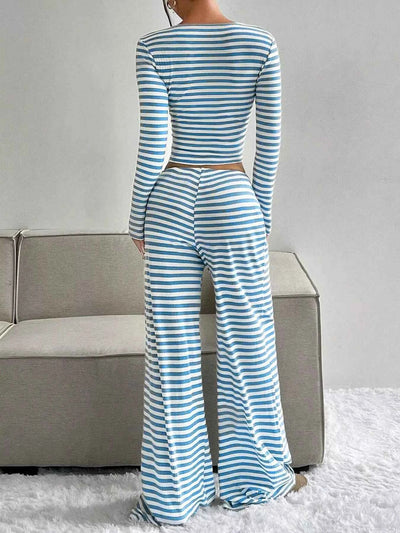 Striped Long Sleeve Crop Top & Wide Leg Pants Set