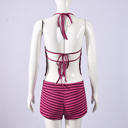 Striped Halter Neck Outfit - Crop Top Shorts Set