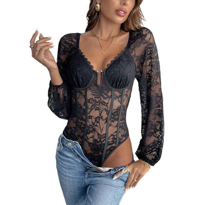 V-Neck Lace Bodysuit - Long Sleeve Sheer Style - Fashions Envy
