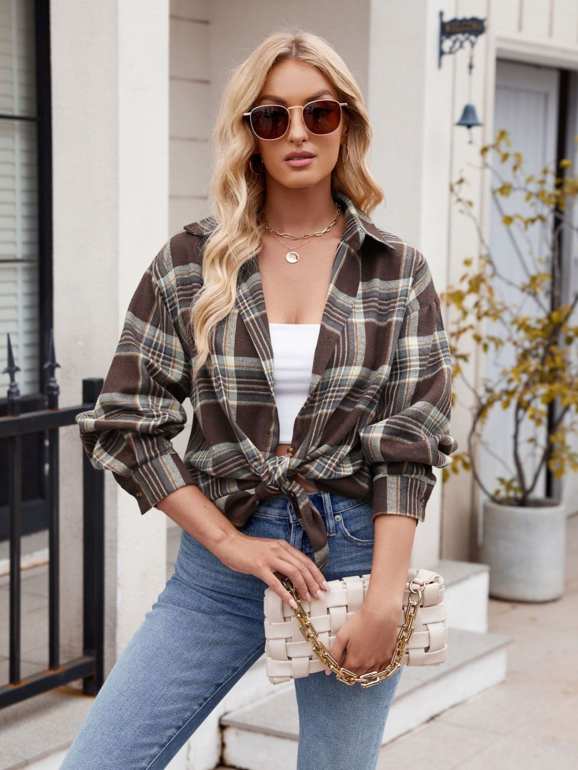 Mandy Pocketed Plaid Collared Neck Long Sleeve Shirt - Fashions Envy