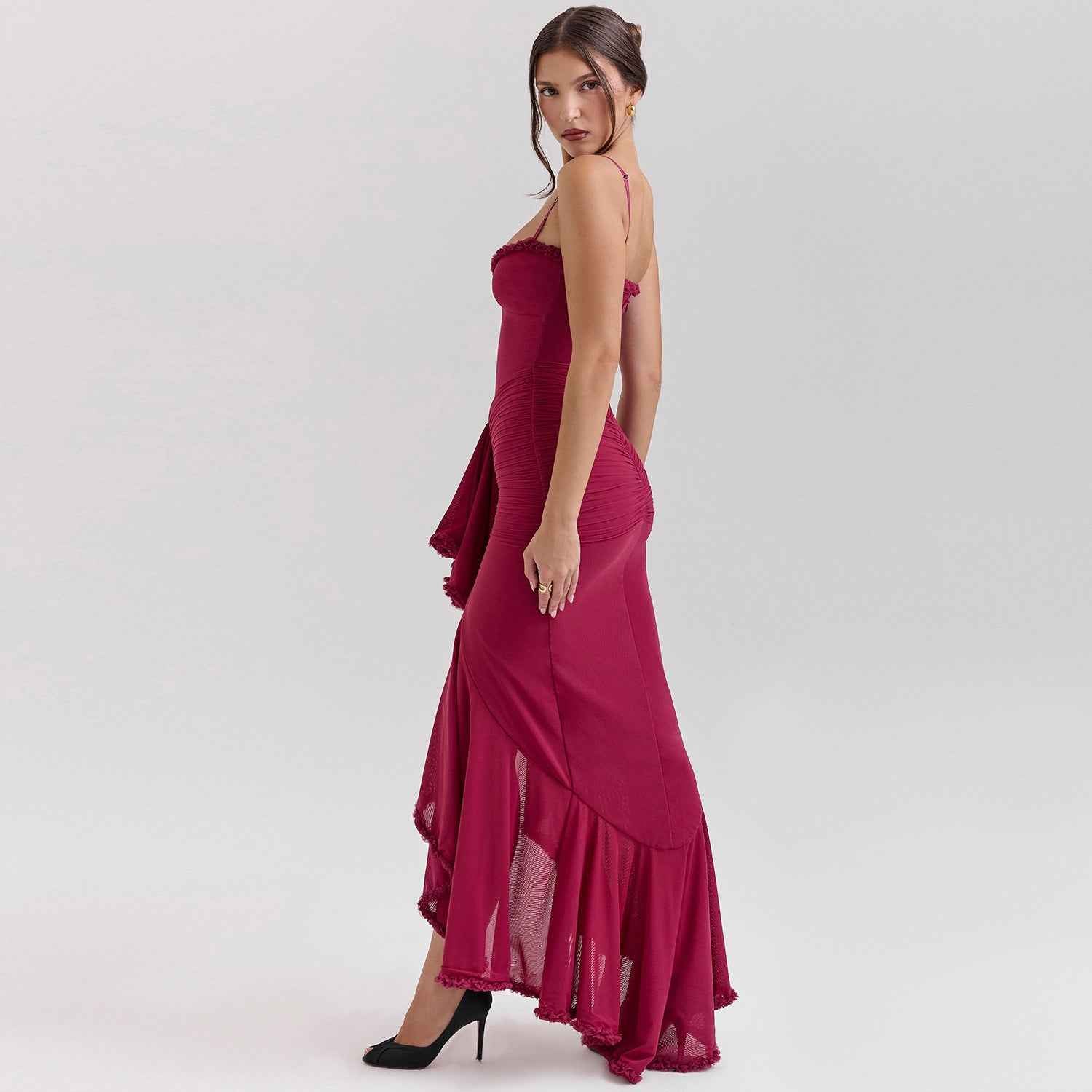 Spaghetti Strap Mesh Maxi Dress - Layered Irregular Hem