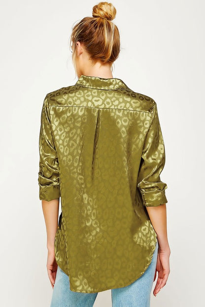 Satin Leopard Print Collared Button Down Top