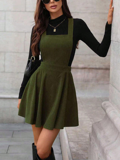 Corduroy Overall Mini Dress - Army Green Suspender
