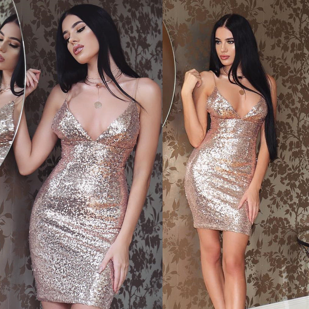 Sequin Deep-V Sexy Halter Bodycon Mini Dress