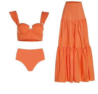 Three-Piece Bikini Set - Orange Swimsuit Style
