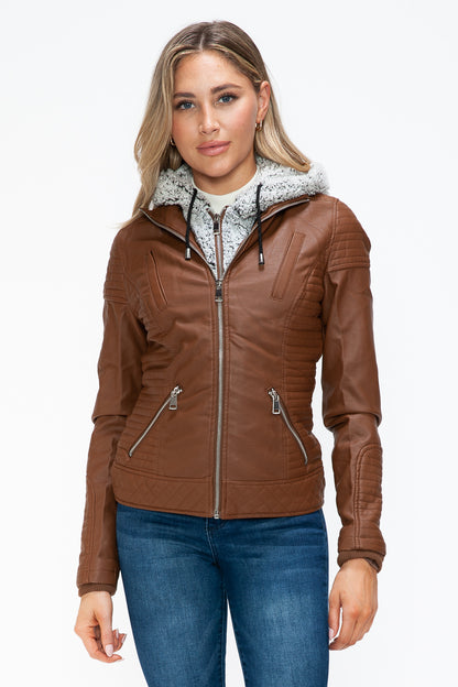 Rust Faux Layered Double-Zipper Jacket with Fuzzy Hood