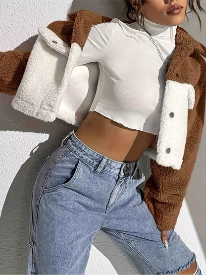 Two-Tone Plush Cropped Jacket - Cozy Button-Up Style - Fashions Envy