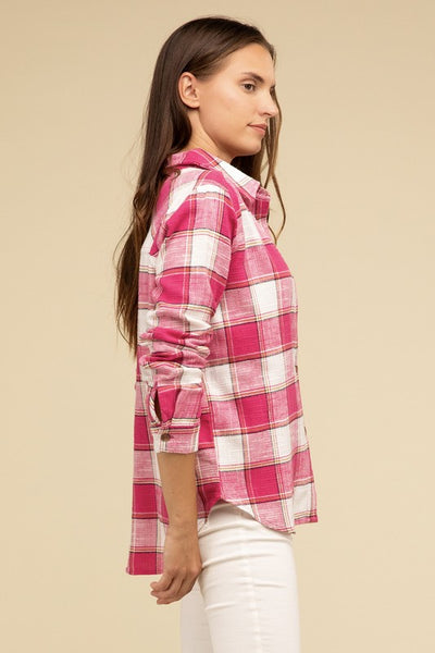 Cotton Plaid Shacket With Front Pocket - Fashions Envy