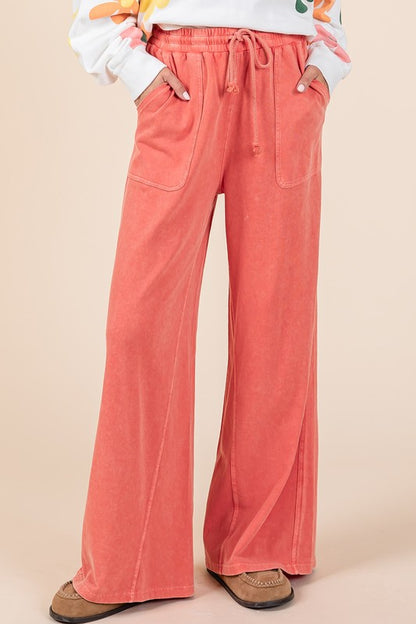 Orange-Red Mineral Wash French Terry Drawstring Wide Leg Pants