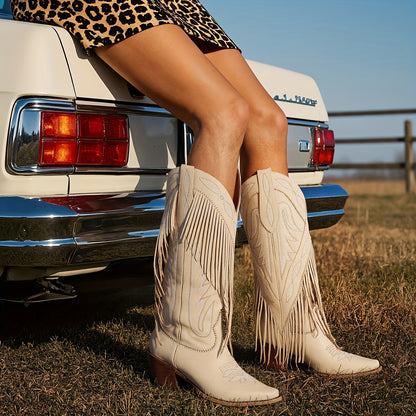 Fringe Tassel Chunky High Heels Wild Calf Slip On Cowgirl Western Boots
