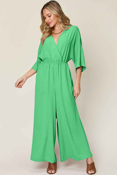 Double Take Full Size Surplice Wide Leg Jumpsuit with Pockets