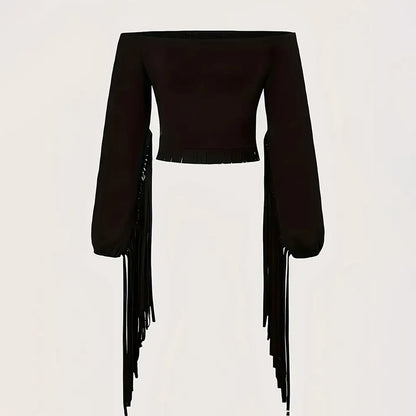 Women's Western Cowgirl Off-Shoulder Fringe Top - Slim Fitted Tassel Blouse