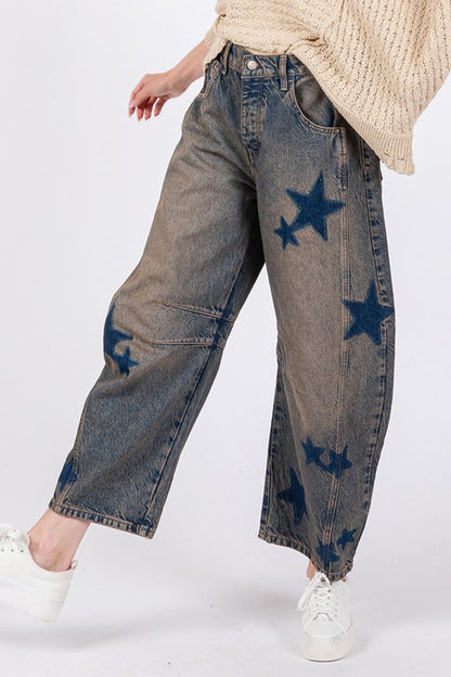 Dark Denim Star Wide Leg Jeans with Pockets