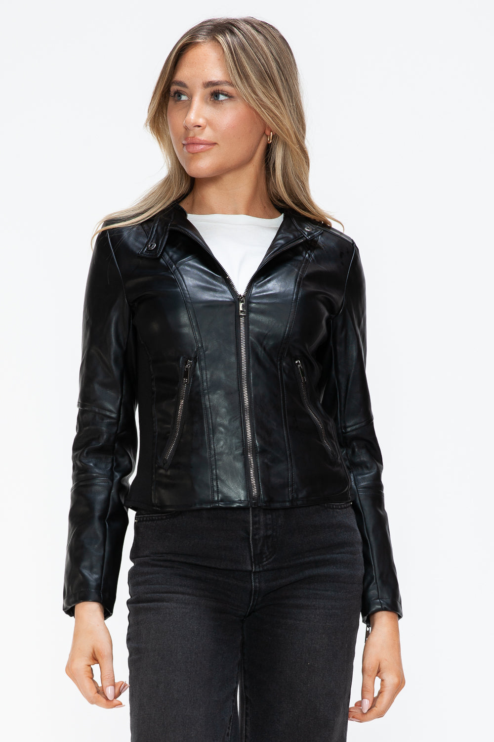 Black Faux Leather Zip Up Drawstring Hooded Jacket