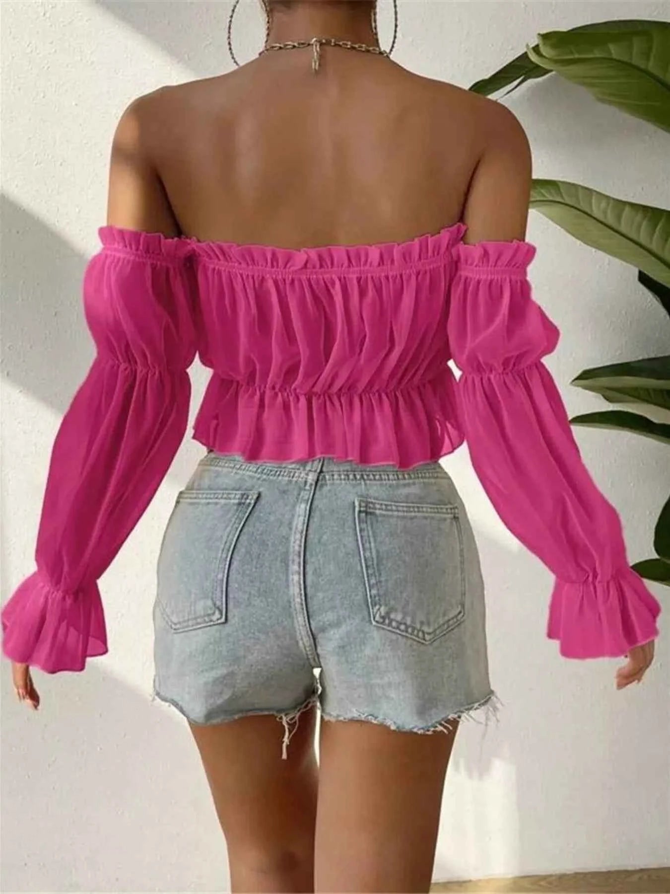 Off-Shoulder Ruffle Trim Sheer Cropped Blouse